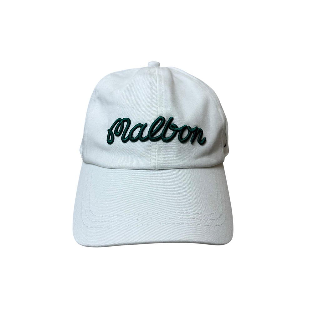 Malbon Golf Hat Cap White Adjustable Strap Back White Green Spellout Logo
